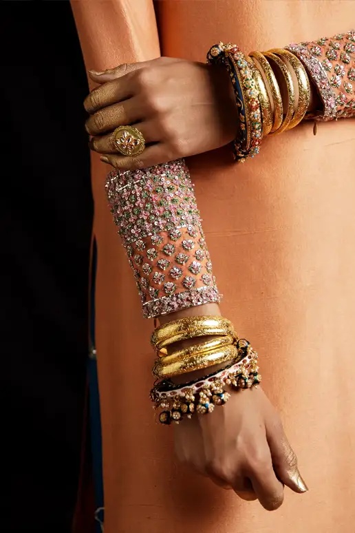Vaskas - HR pakistani fashion outfit in peach, blue, teal tones.